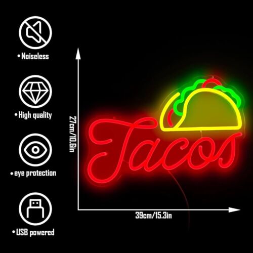 TACOS LED Neon Sign For Taco Shop, Kitchen, Restaurants, 10.6"x 15.3" Inches