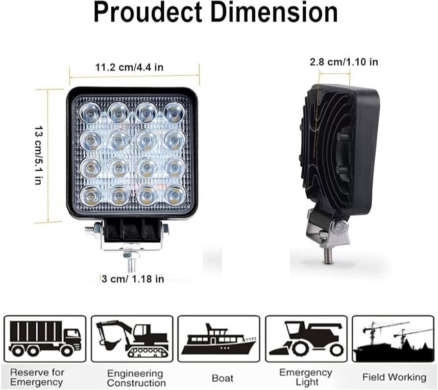 Square LED Pod Light 4 inch 48W, 2 Pack Work, Offroad, Boating, Truck Light LED