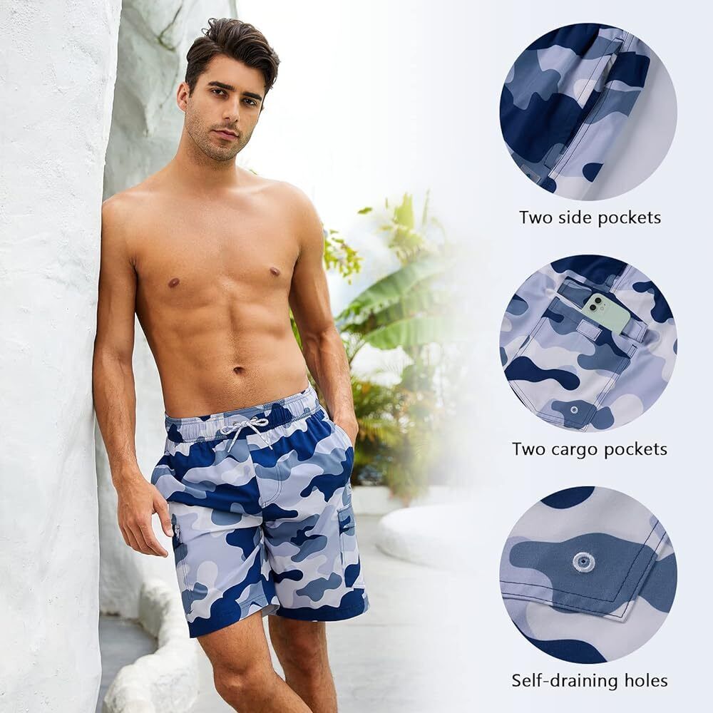 Men's Blue Camo Swim Trunks, Quick Dry, Board Shorts