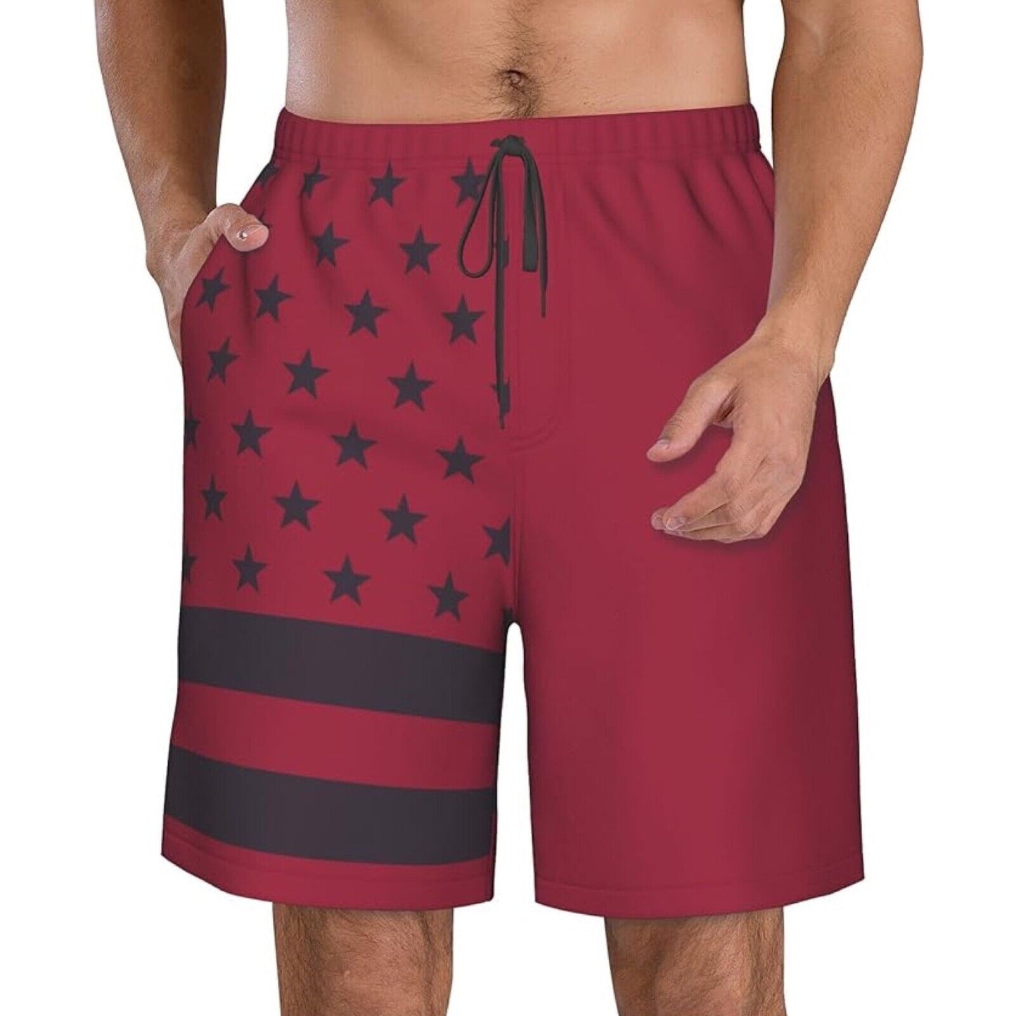 Men's Red US Flag Swim Shorts, Patriotic, Swim Trunks, Quick Dry, Board Shorts