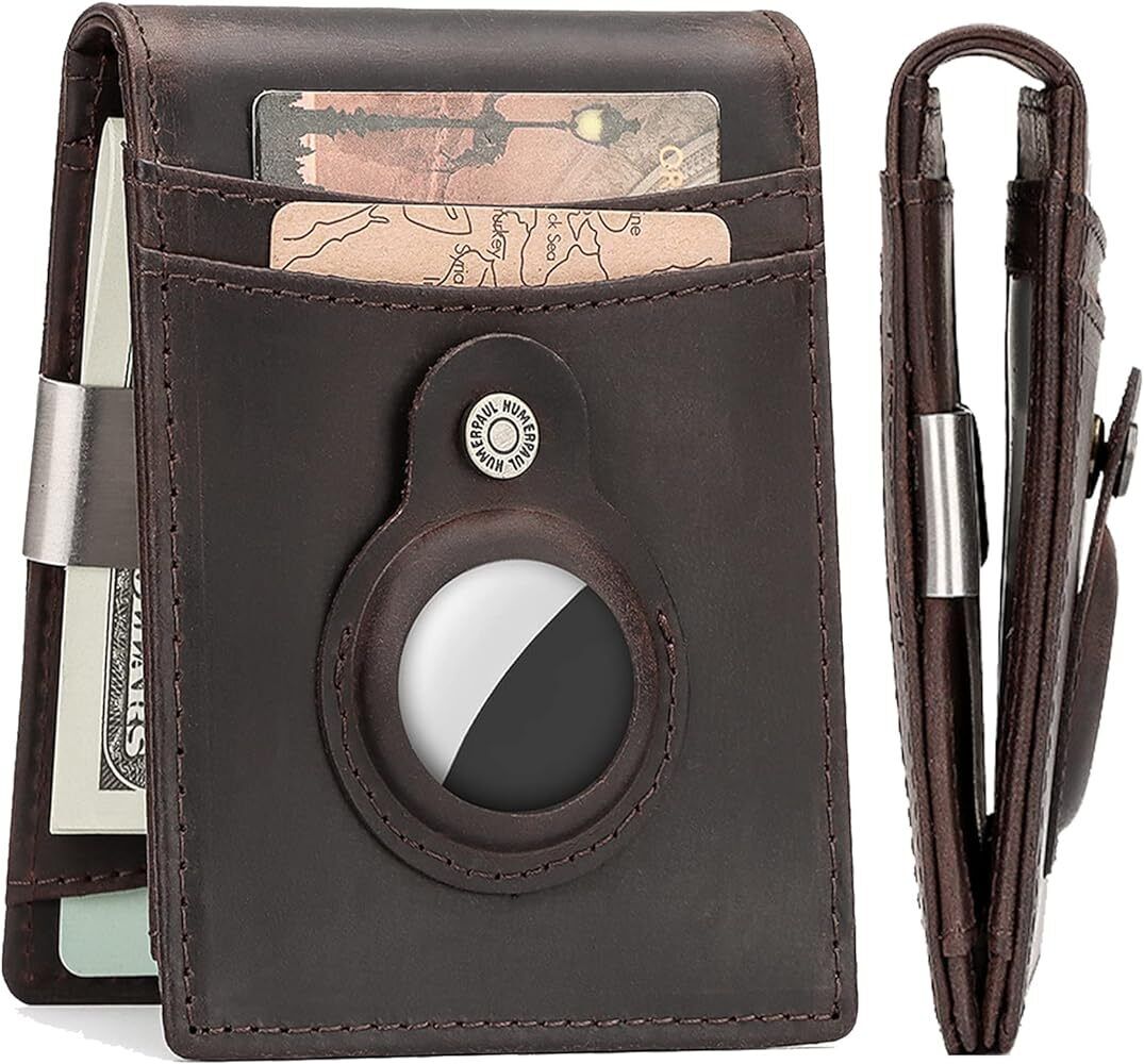 Men’s AirTag Wallet, Up to 10 Cards, Genuine Leather , RFID, and Money Clip