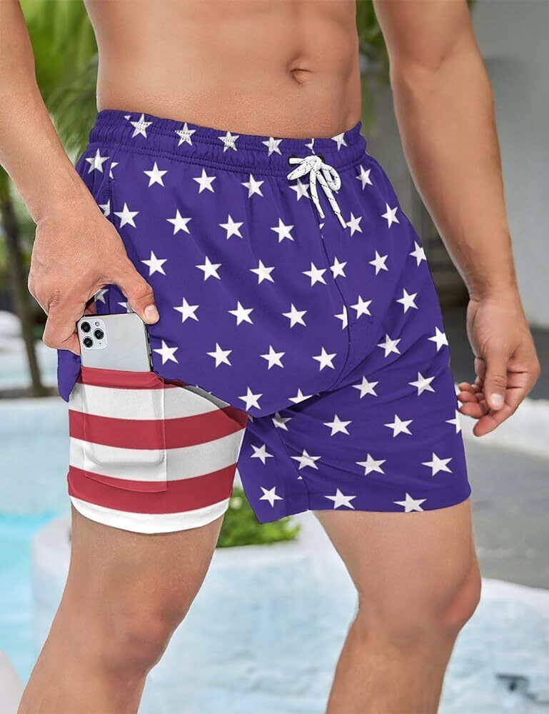 Men’s Star Spangled Swim Shorts with US Flag Compression Liner 7" Quick Dry