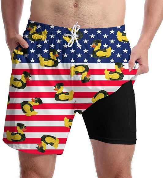 Men’s US Flag Battle Duck Swim Trunks with Compression Liner 7" Quick Dry