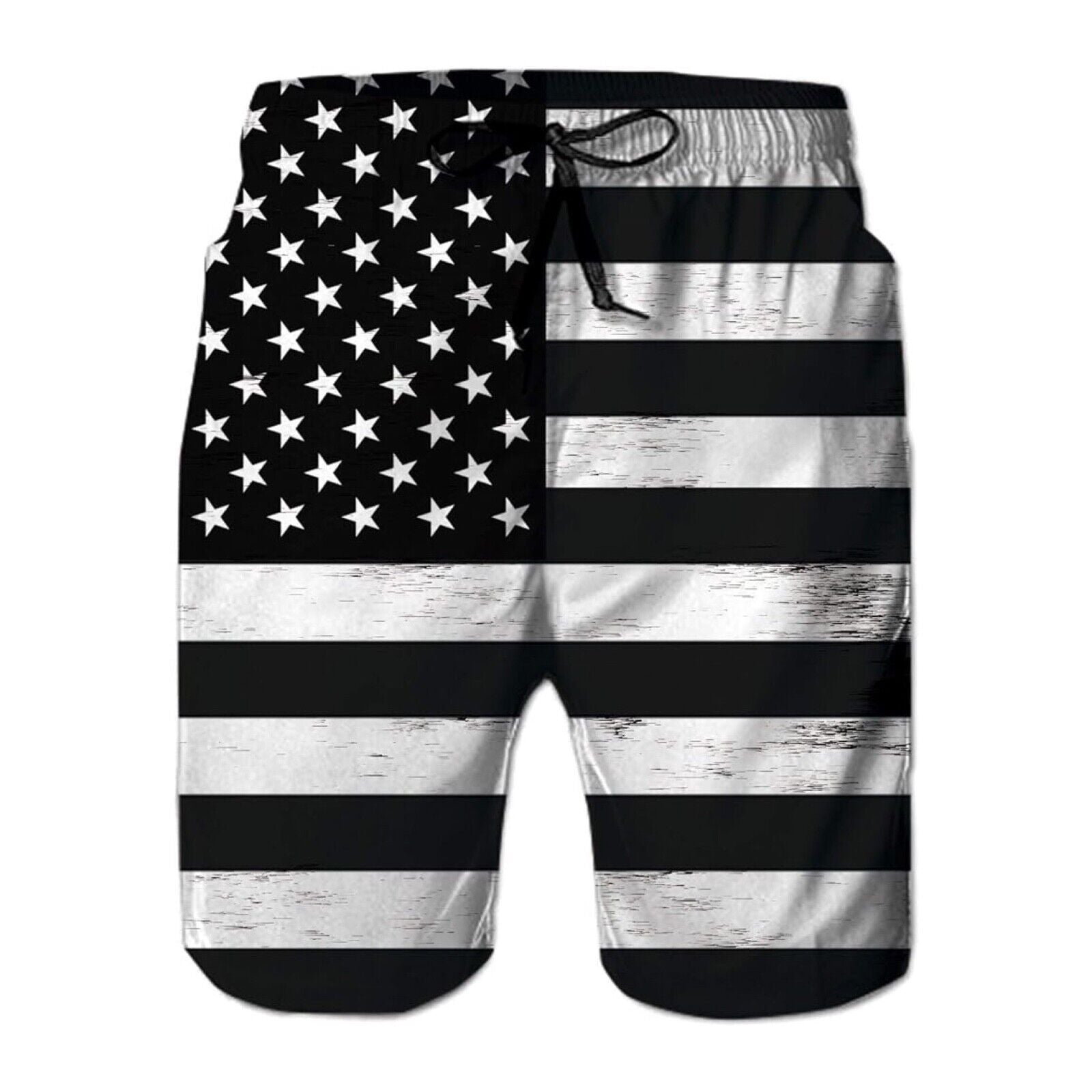 Men's Swim Trunks, Patriotic, Quick Dry, Board Short - Black with White US Flag