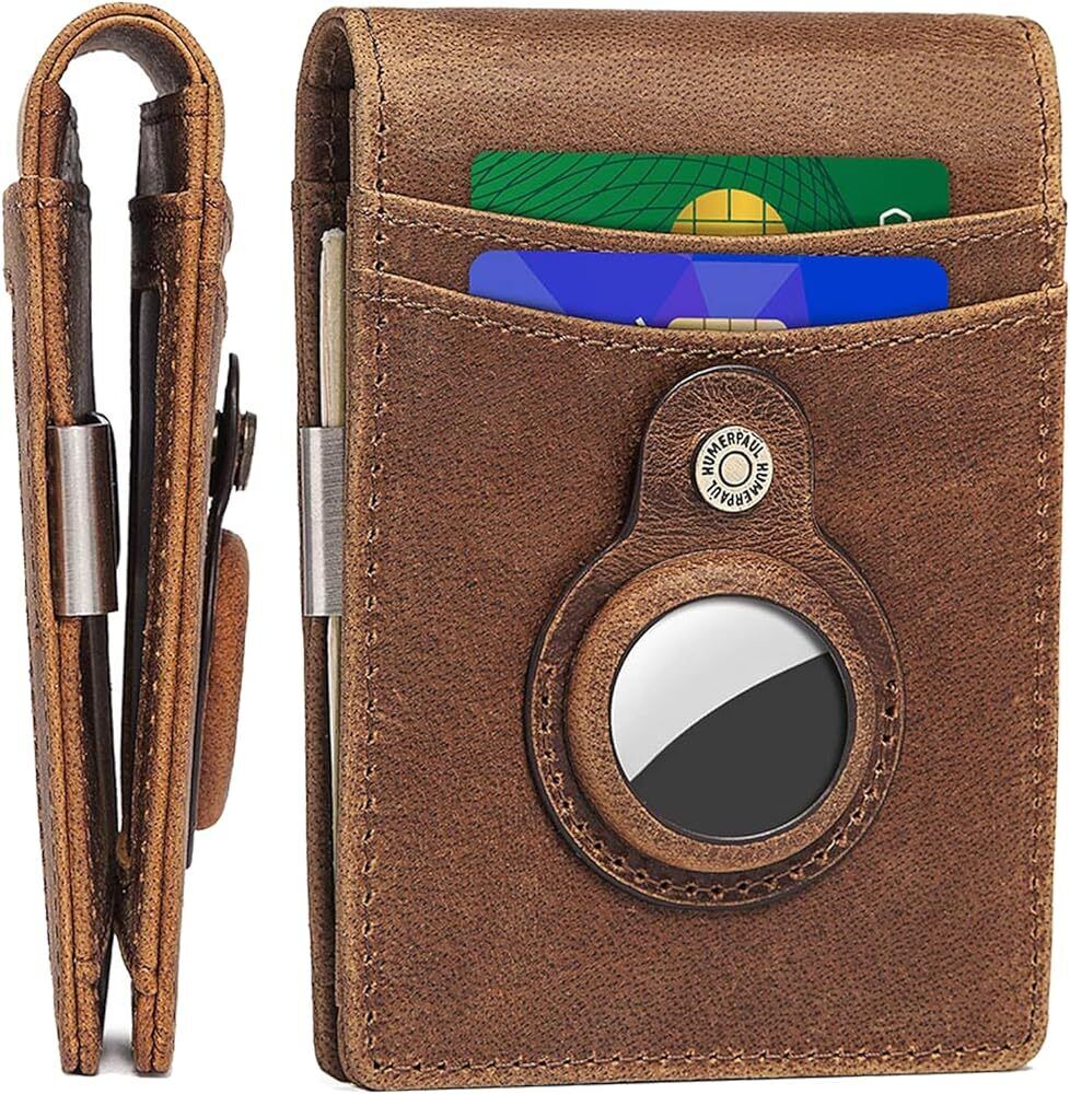 Men’s AirTag Wallet, Up to 10 Cards, Genuine Leather , RFID, and Money Clip