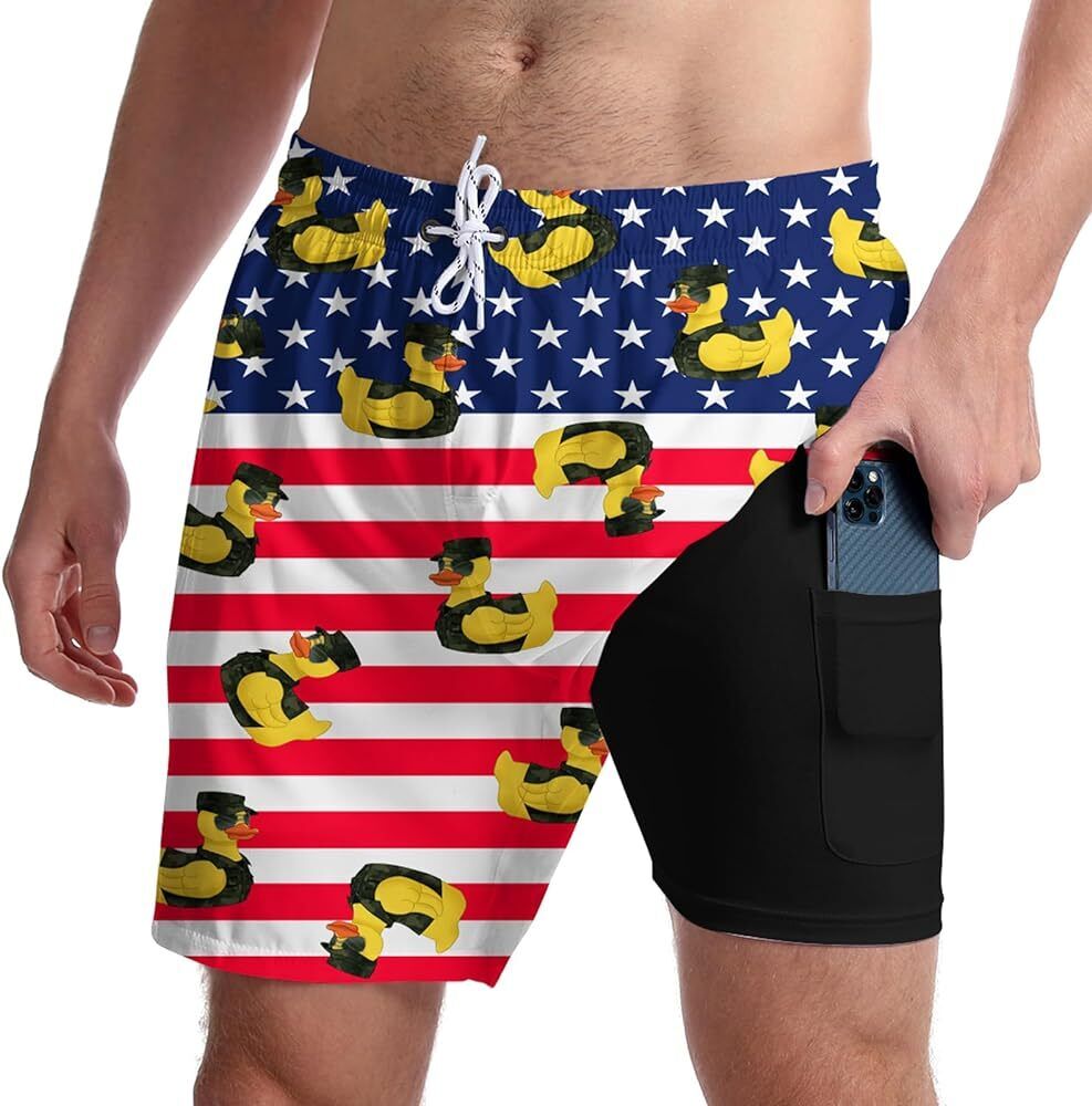 Men’s US Flag Battle Duck Swim Trunks with Compression Liner 7" Quick Dry