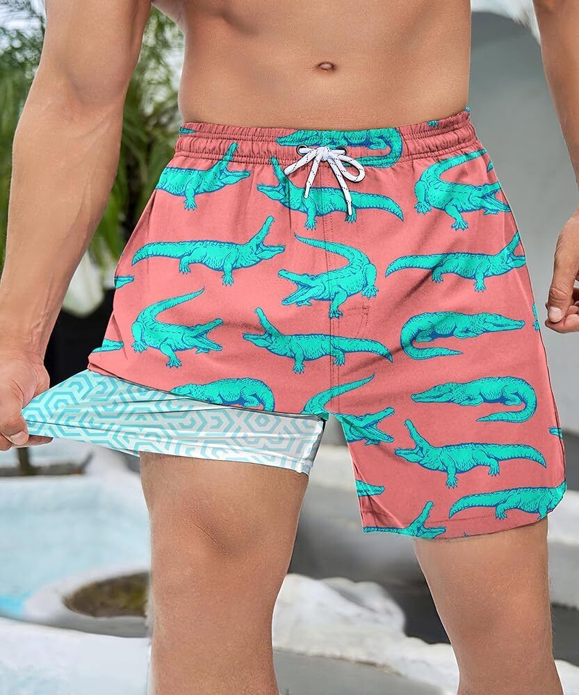 Men’s Swim Shorts Alligator Print Shorts, Compression Liner 7" Quick Dry
