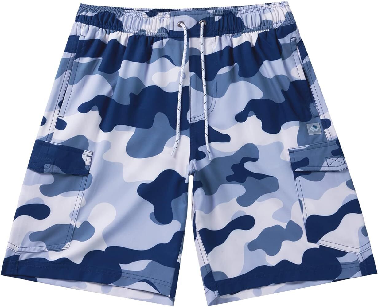 Men's Blue Camo Swim Trunks, Quick Dry, Board Shorts