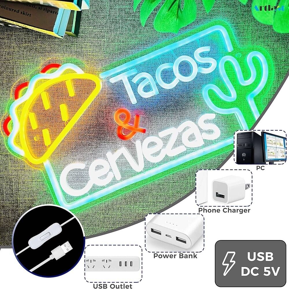 TACOS & CERVEZA LED Neon Sign For Bars, Restaurants, 9.06" X 16.54” Inch