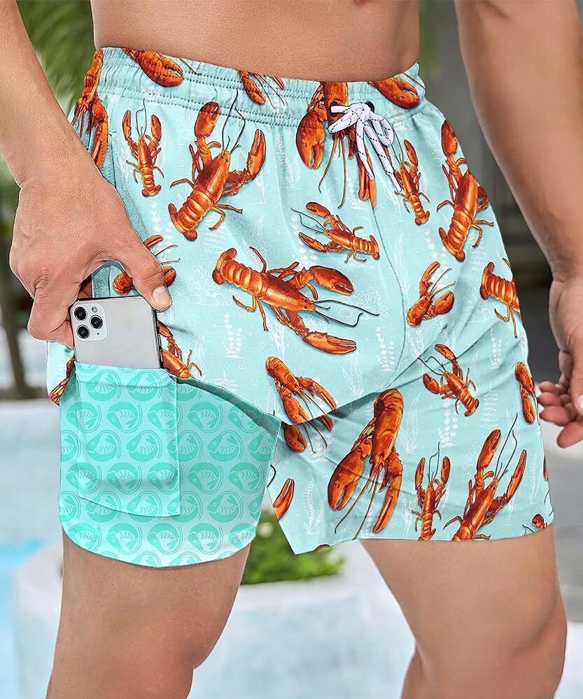 Men’s Swim Shorts Lobster Print Shorts, Compression Liner 7" Quick Dry