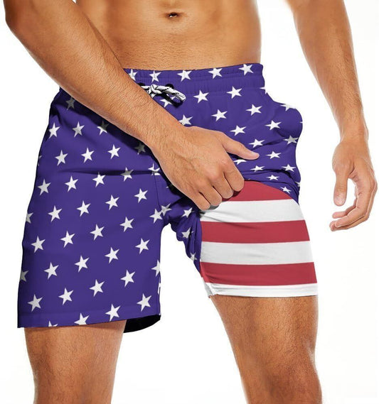 Men’s Star Spangled Swim Shorts with US Flag Compression Liner 7" Quick Dry