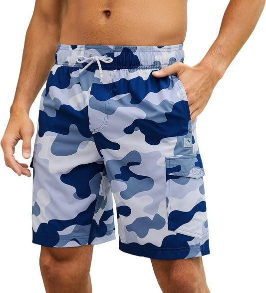 Men's Blue Camo Swim Trunks, Quick Dry, Board Shorts