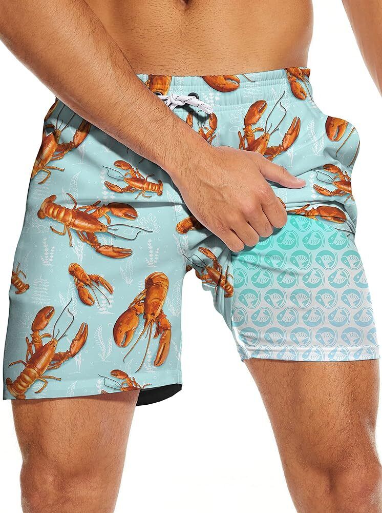 Men’s Swim Shorts Lobster Print Shorts, Compression Liner 7" Quick Dry