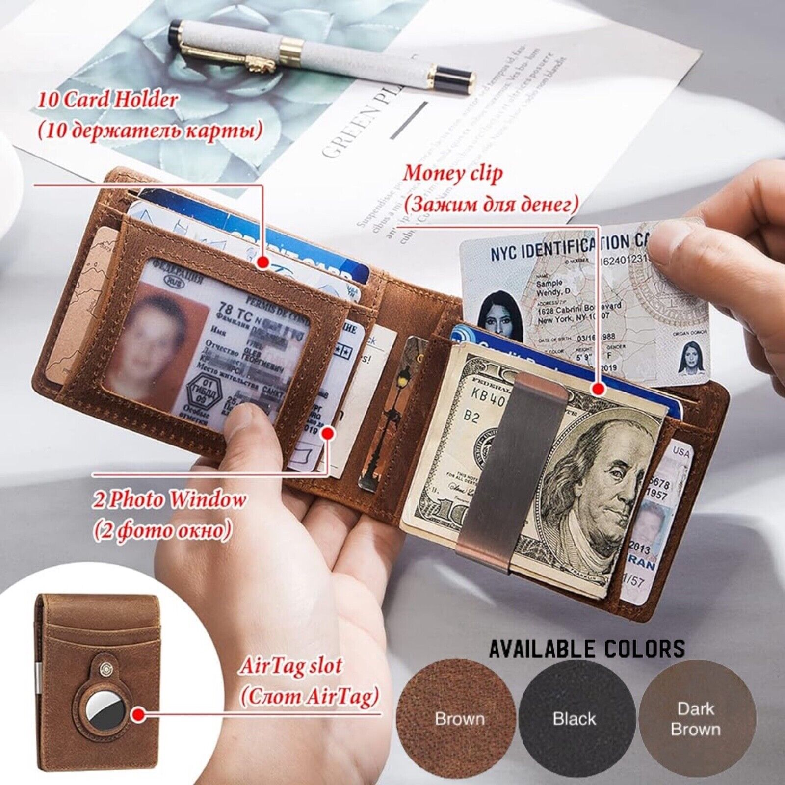 Men’s AirTag Wallet, Up to 10 Cards, Genuine Leather , RFID, and Money Clip