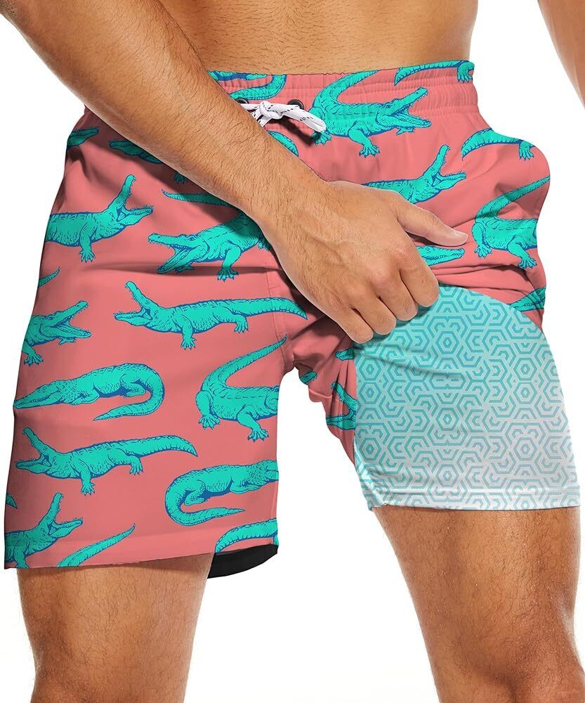 Men’s Swim Shorts Alligator Print Shorts, Compression Liner 7" Quick Dry