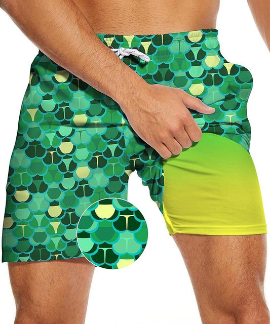 Men’s Swim Shorts Bikini Butts Print Shorts, Compression Liner 7" Quick Dry