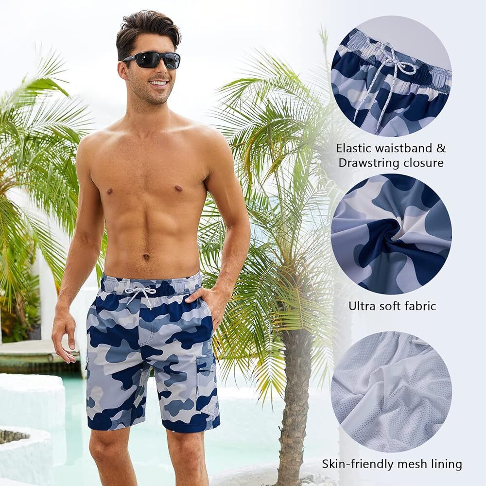 Men's Blue Camo Swim Trunks, Quick Dry, Board Shorts