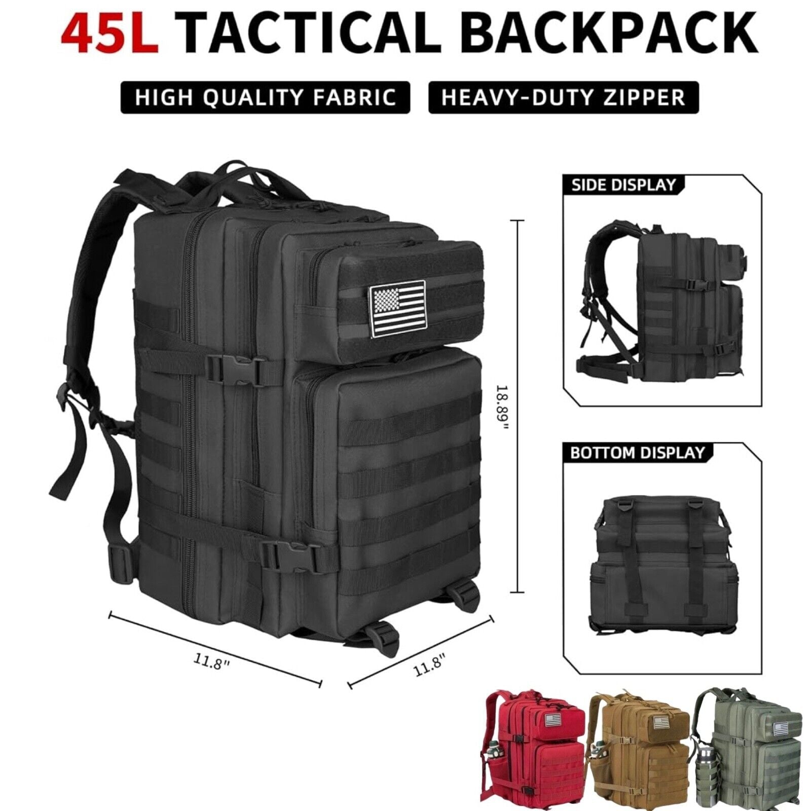 45L Tactical Molle Daypack 3 Day Bug Out Bag Hiking Rucksack With Bottle Holder