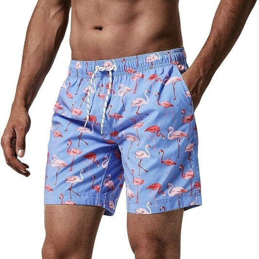 Men's 7 Inch Length Blue Pink Flamingos Quick Dry Swim Trunks