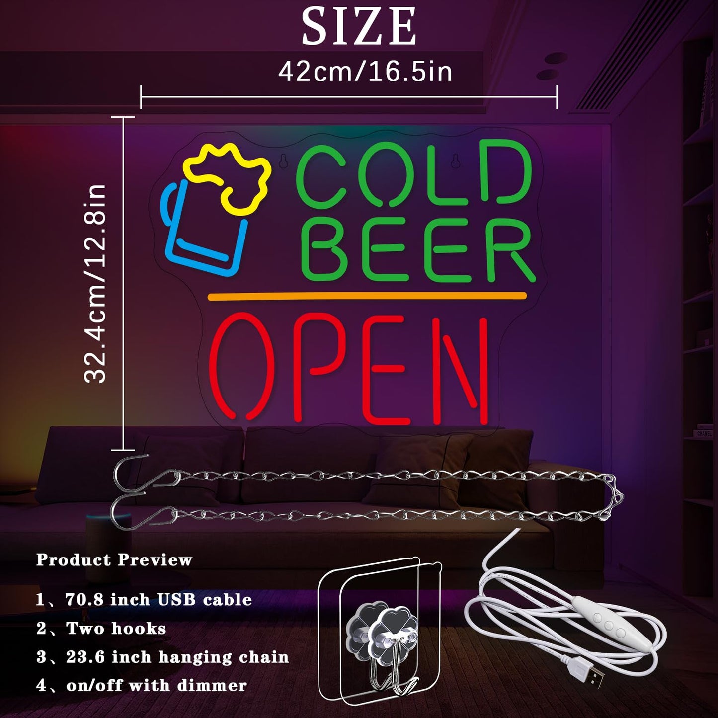 Cold Beer Open, Neon Sign LED, Dimmable, USB, 17x13 inches