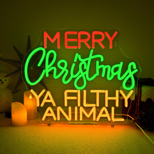 Merry Christmas Ya Filthy Animal Home Alone, Neon LED, Dimming, USB, (15.7” x 12.5”)