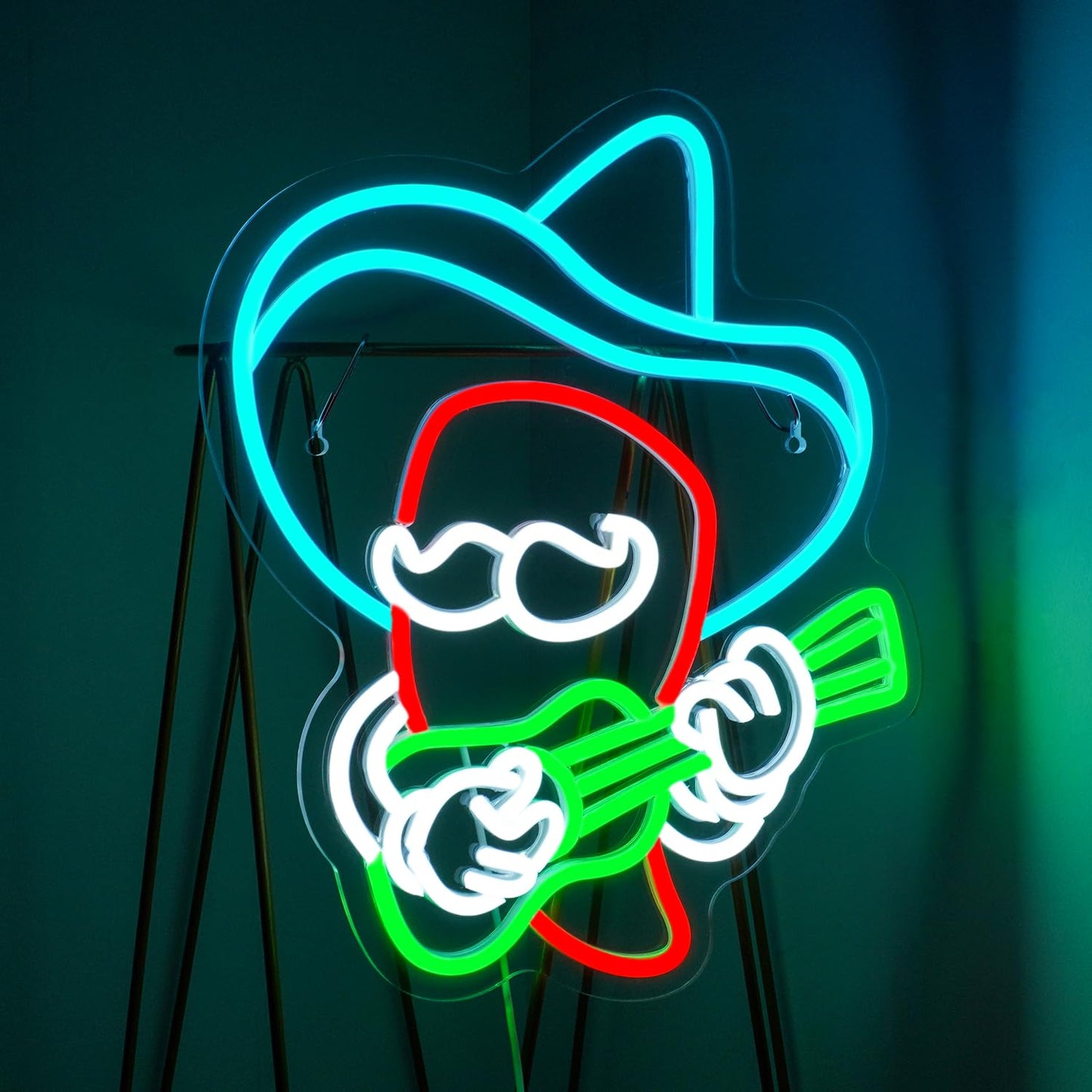 Sombrero Chili Pepper Guitar Man LED Sign, USB Dimmable, 15x13 inches