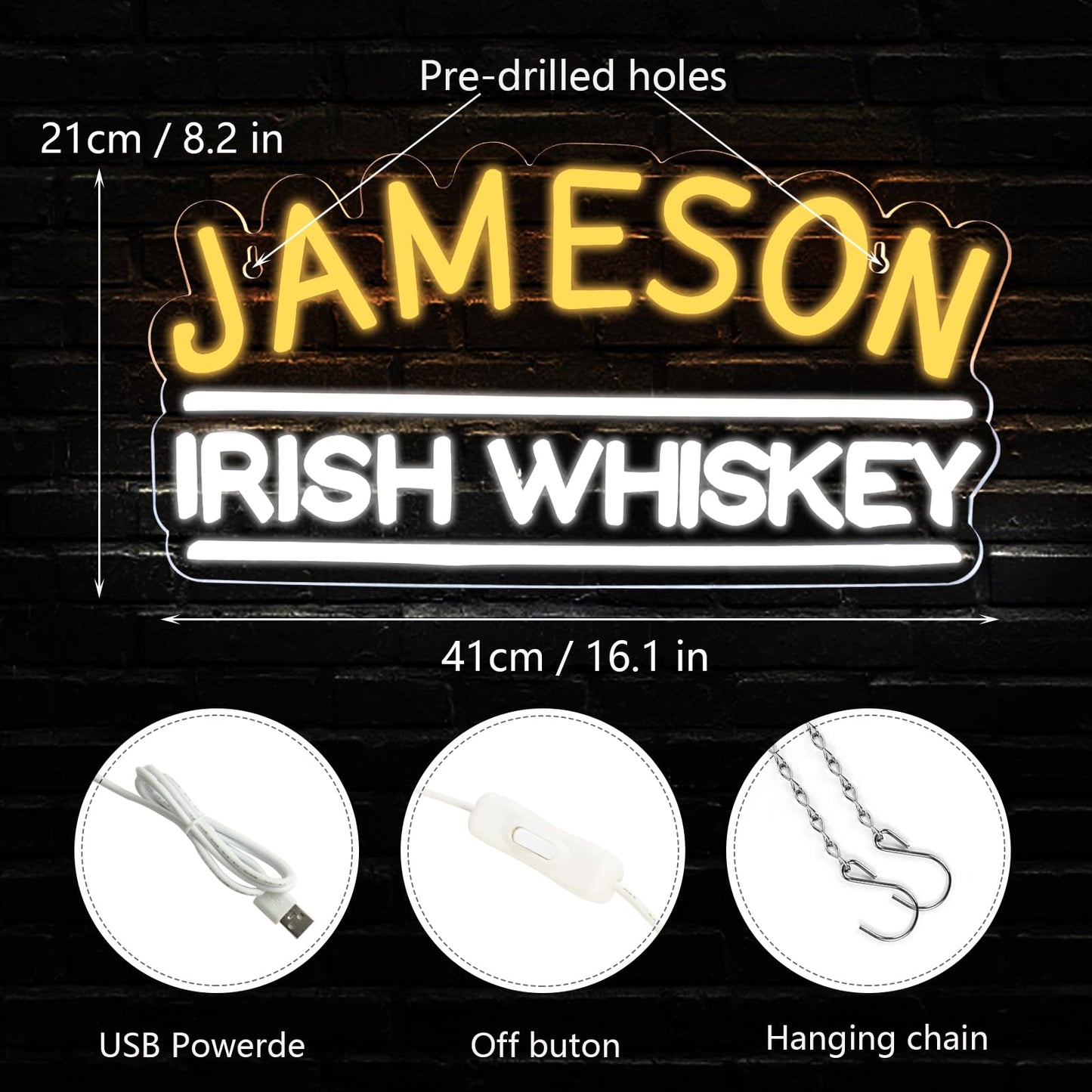 Irish Whiskey Neon LED Bar, Man-cave Sign LED Sign, USB, Wall Hanging