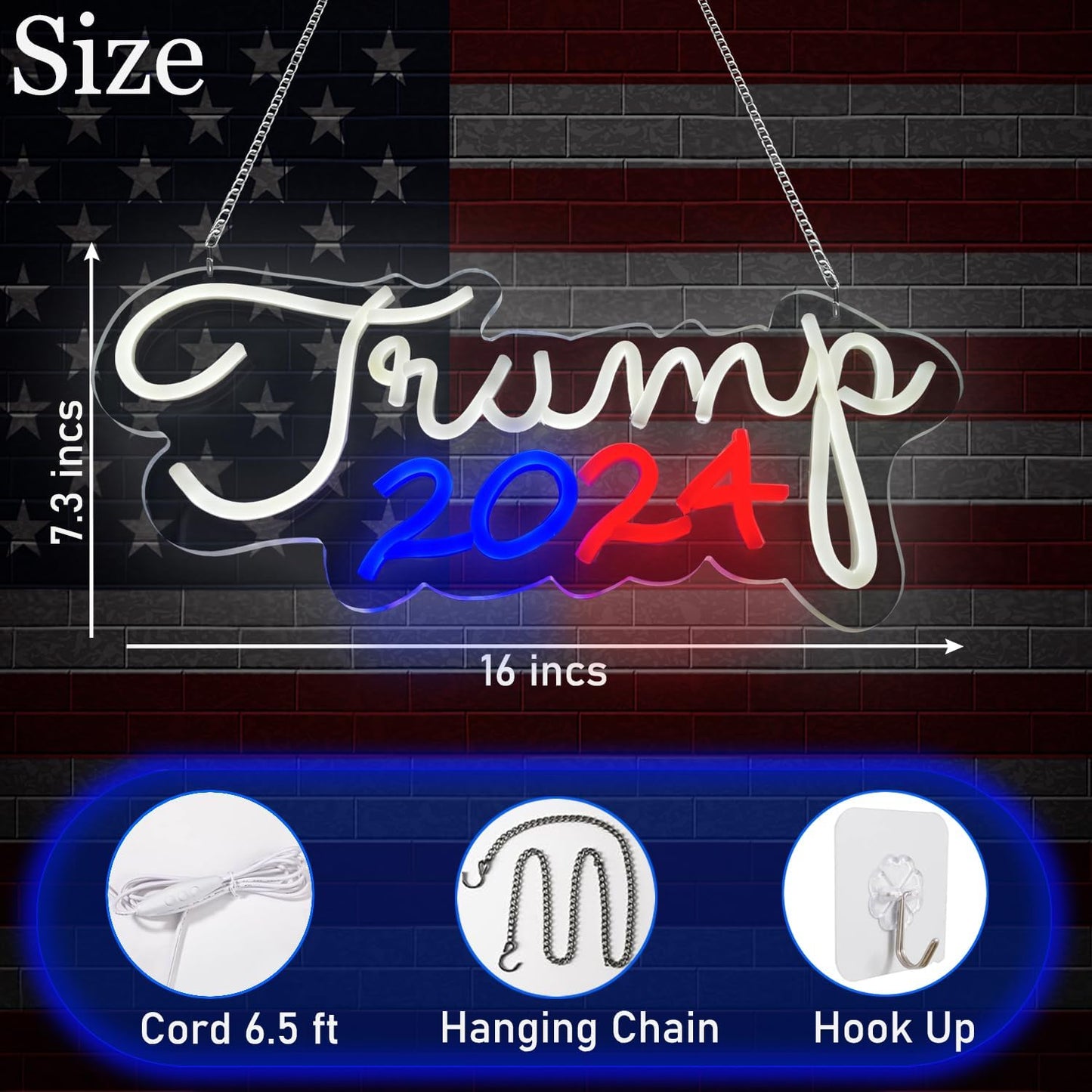 Trump 2024 LED Neon Sign For Bar, Porch, Garage, Mancave 16"X7.8” Inch