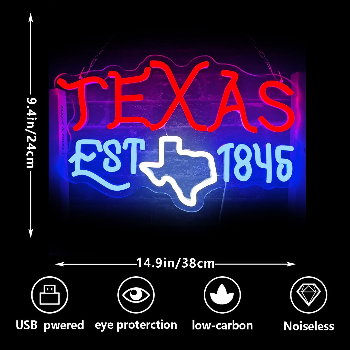 Texas Neon LED Sign Dimmable for Room, Man-Cave, Bar, Dorm, 14.9” x 9.4” inches