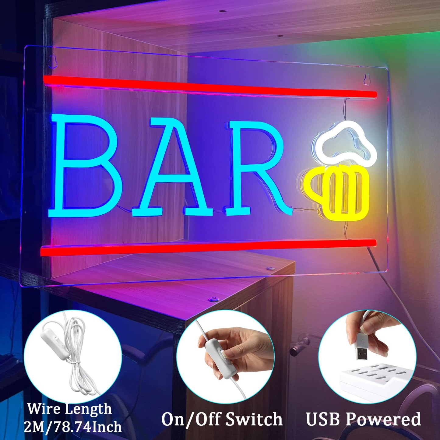 Bar LED Sign Light, USB, Man Cave, 16.5” x 9.8” inches