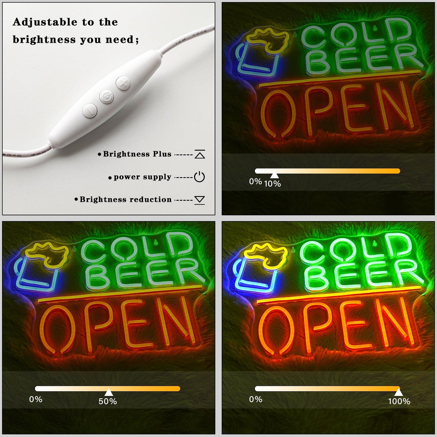 Cold Beer Open, Neon Sign LED, Dimmable, USB, 17x13 inches