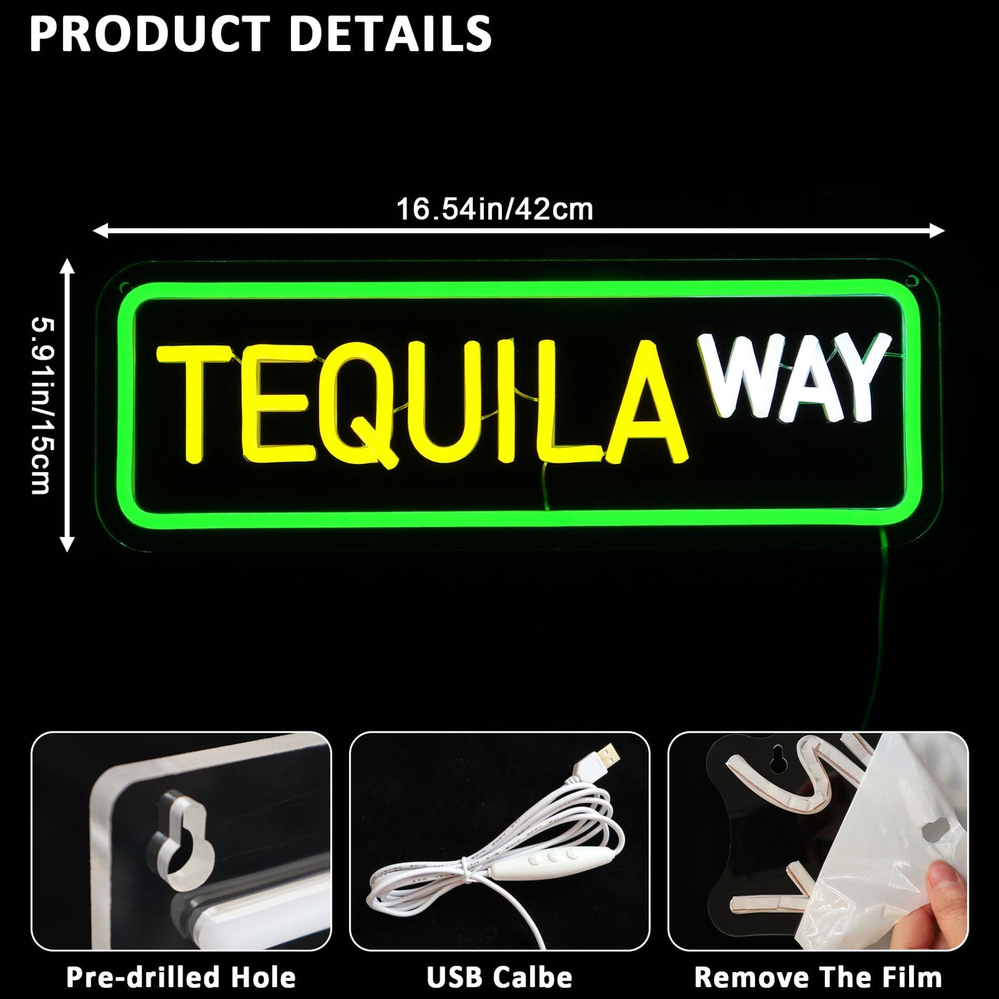 Tequila Way Neon Sign for Wall, USB, Dimmable, 17x6 inches