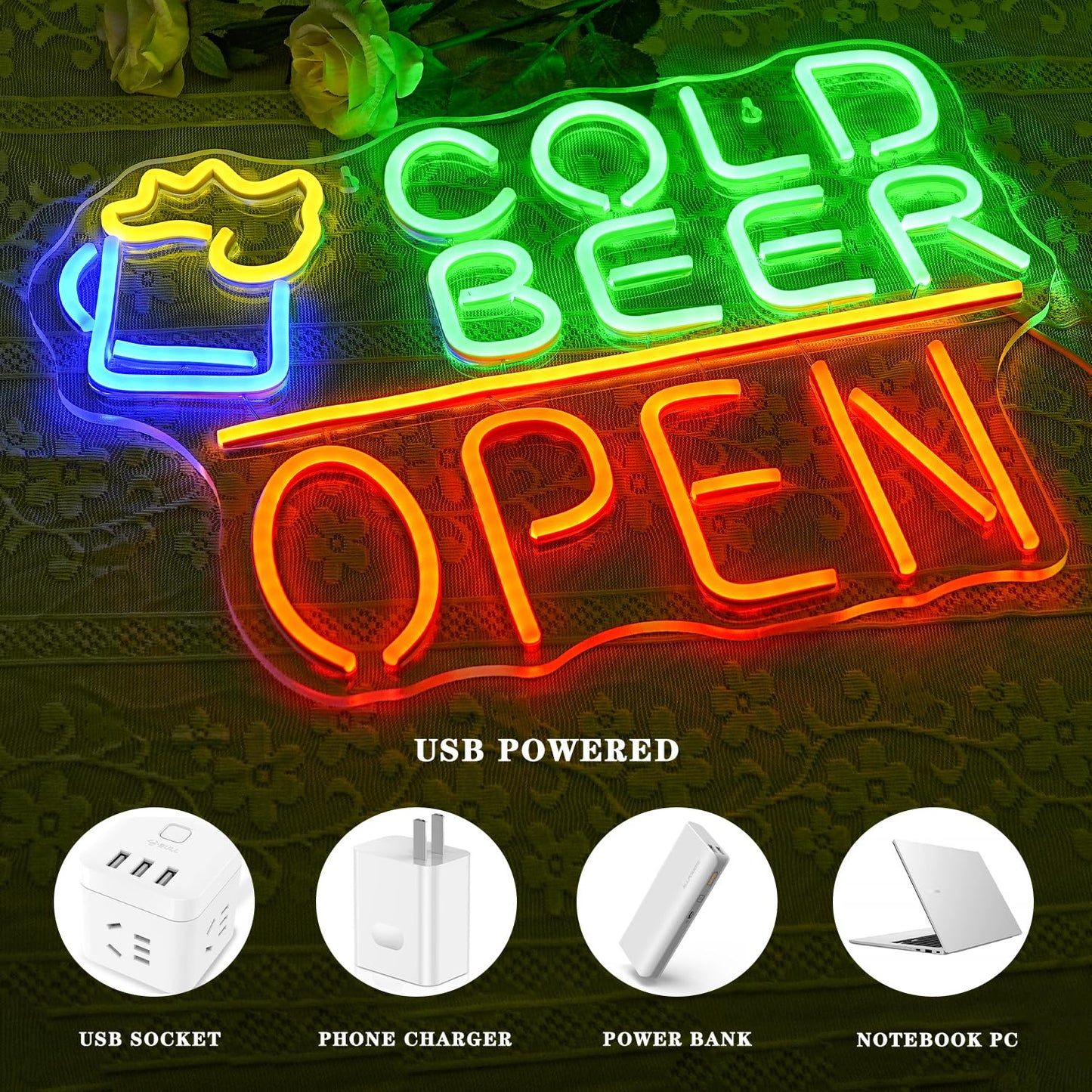 Cold Beer Open, Neon Sign LED, Dimmable, USB, 17x13 inches