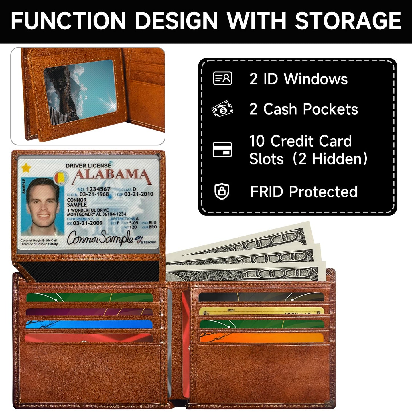 Men’s Genuine Leather Bifold Wallet, RFID Blocking, 10 Card Slot & 2 Flip Up Windows