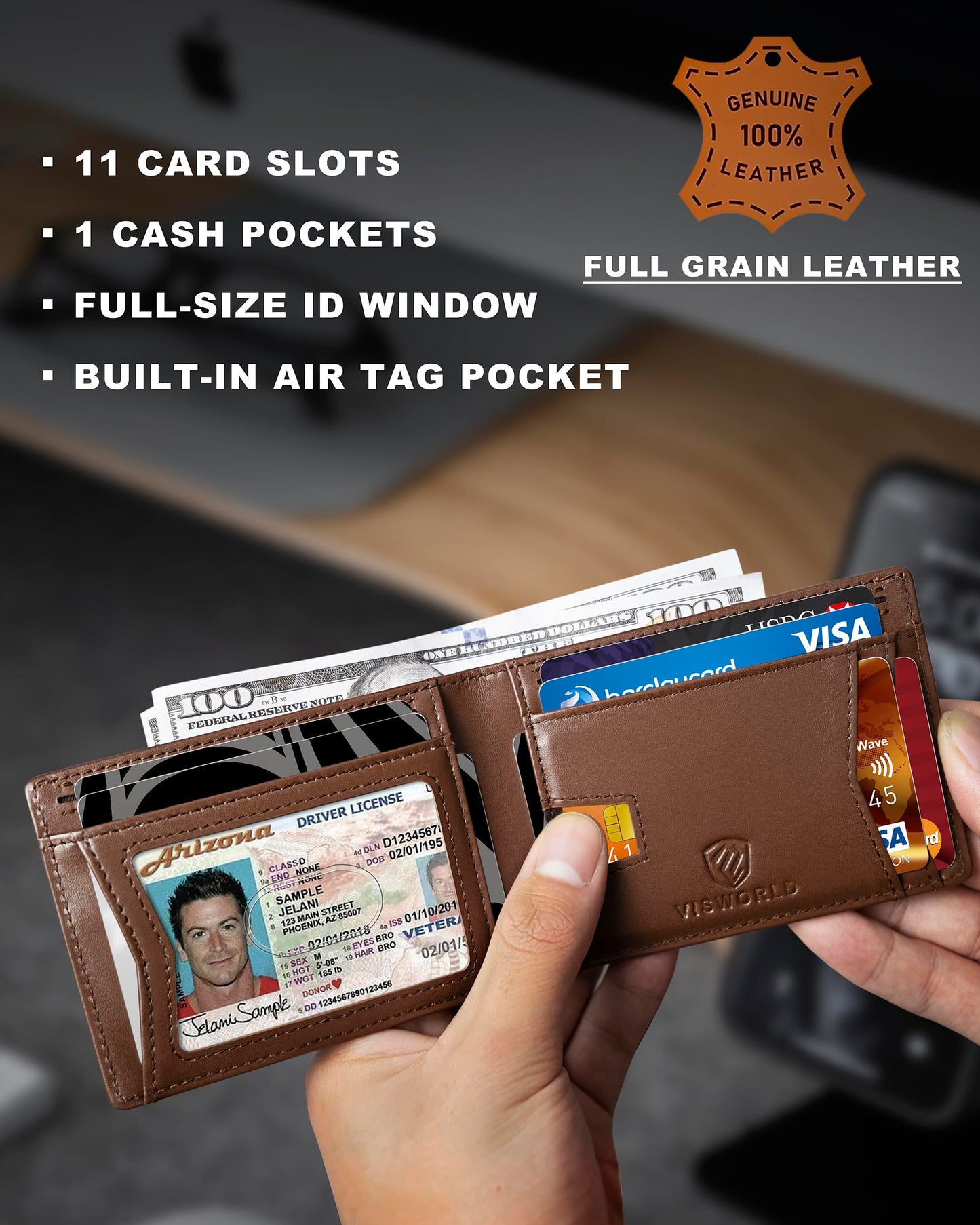 AirTag Wallet Men, Bifold Genuine Leather RFID Blocking Cash Slots ID Window