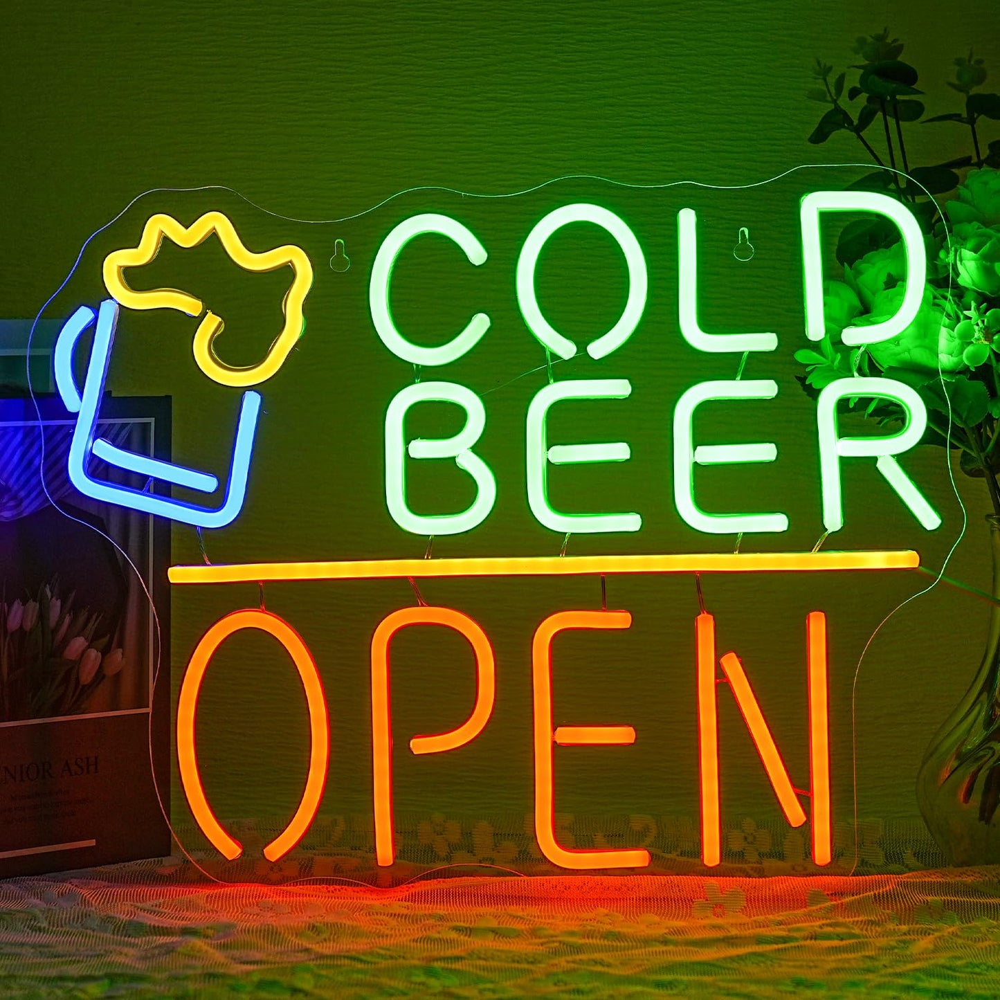 Cold Beer Open, Neon Sign LED, Dimmable, USB, 17x13 inches