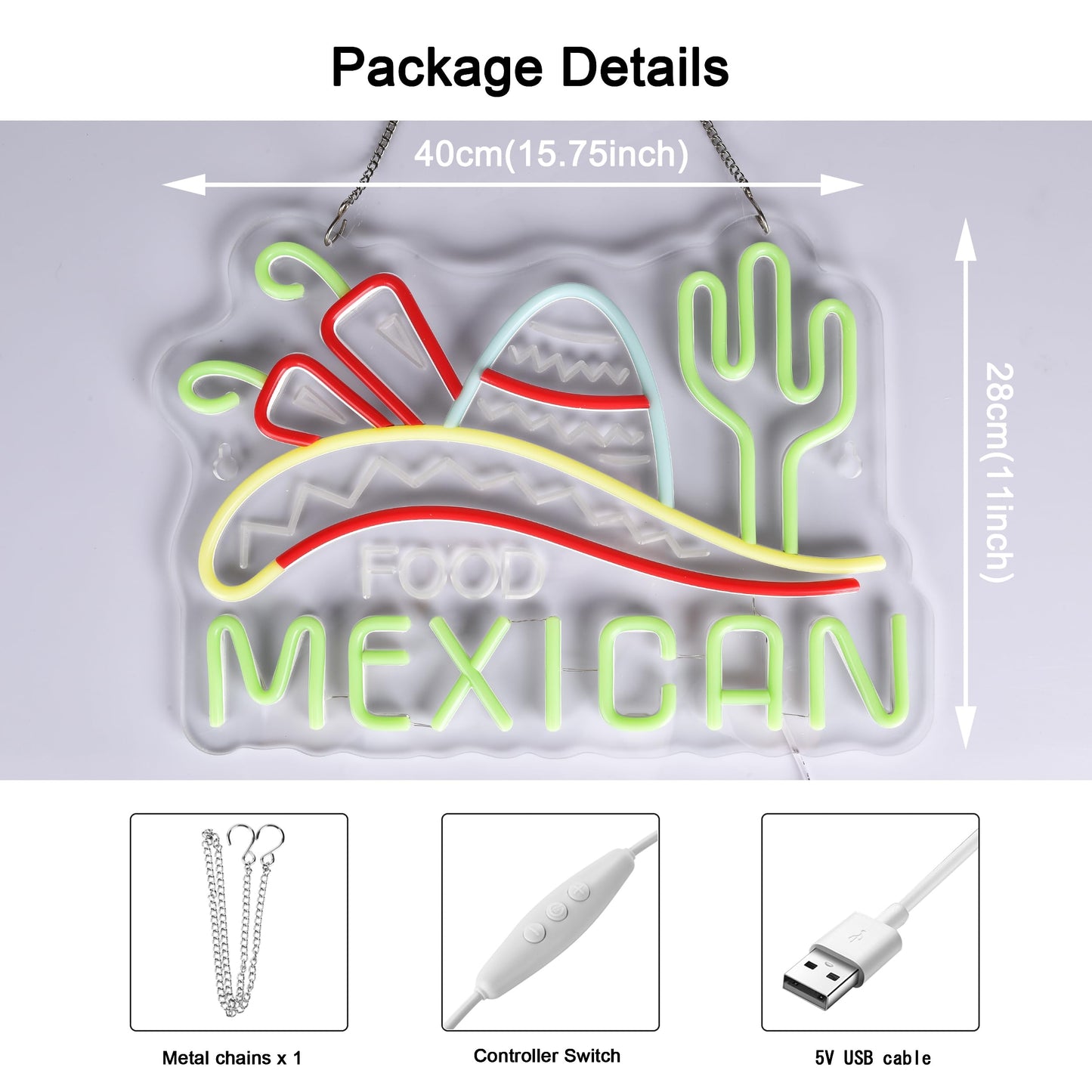 Mexican Food Neon LED Sign, for Restaurant, USB, Dimming, 15.75×11 inches