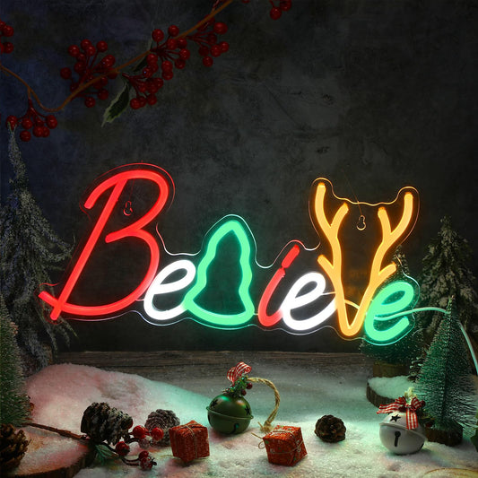 Believe Christmas LED Neon Sign, USB Powered, Hanging (16” x 7.5” inches)