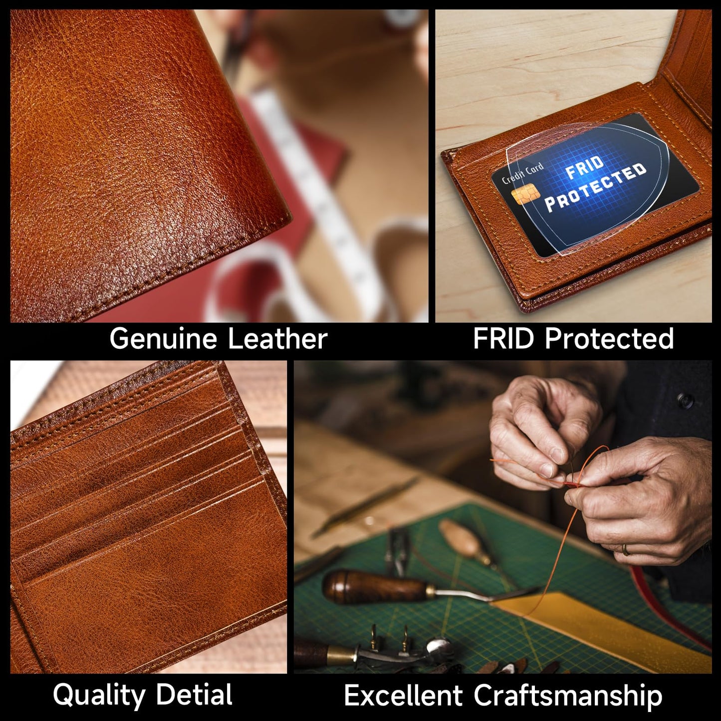 Men’s Genuine Leather Bifold Wallet, RFID Blocking, 10 Card Slot & 2 Flip Up Windows