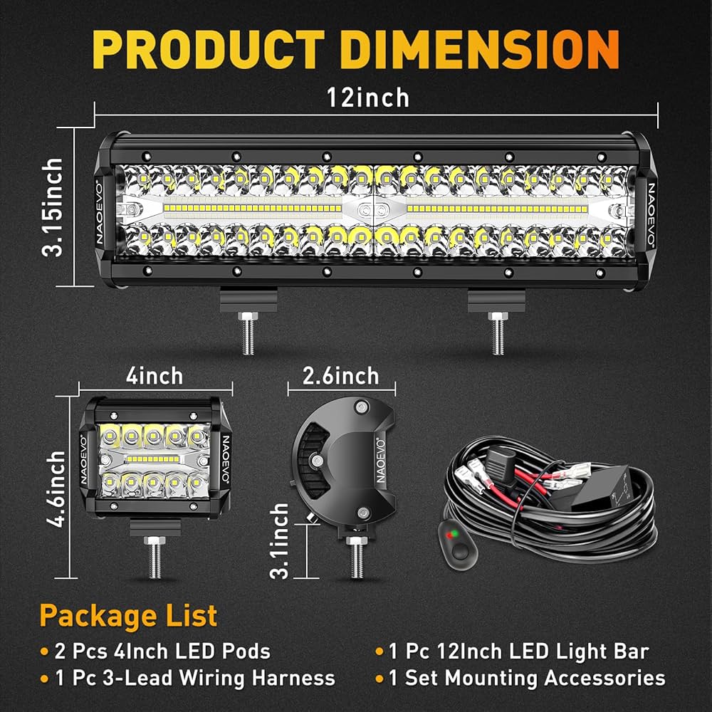 12" LED Light Bar 2PCS 4" LED Pod Combo Off Road Lights Waterproof, 6500K White