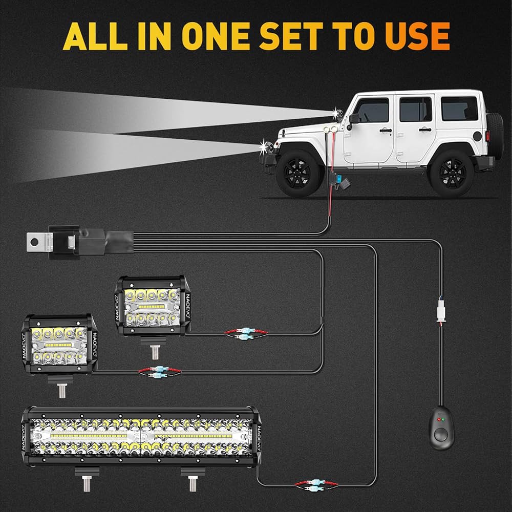 12" LED Light Bar 2PCS 4" LED Pod Combo Off Road Lights Waterproof, 6500K White