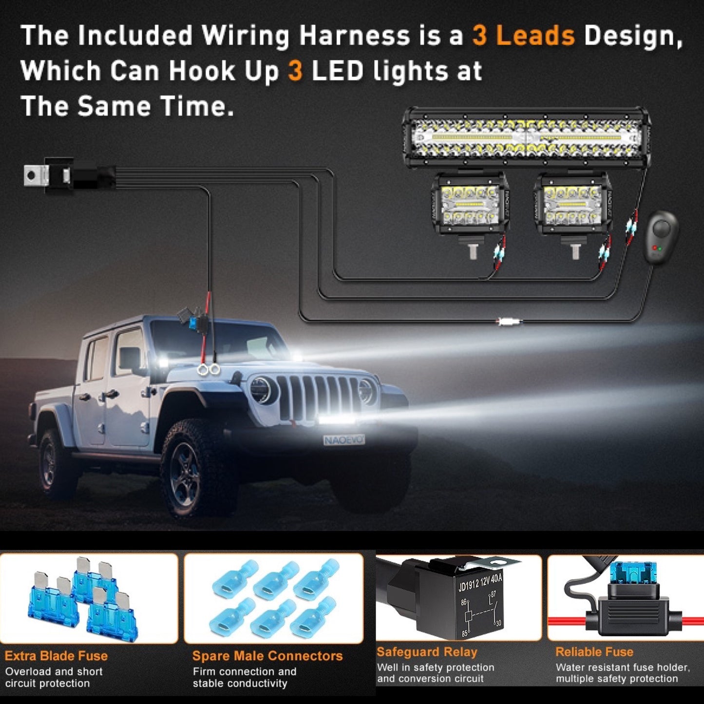 12" LED Light Bar 2PCS 4" LED Pod Combo Off Road Lights Waterproof, 6500K White