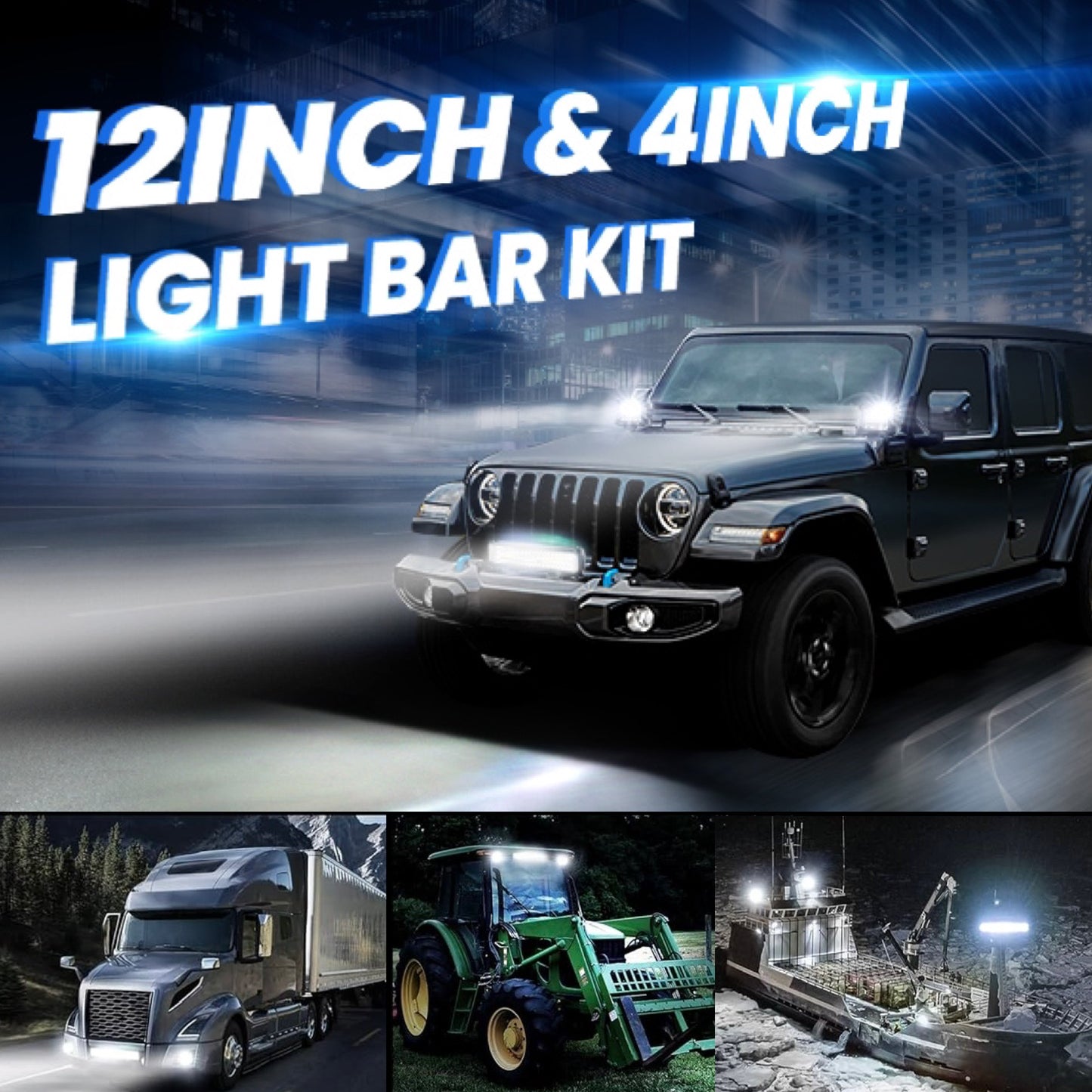 12" LED Light Bar 2PCS 4" LED Pod Combo Off Road Lights Waterproof, 6500K White