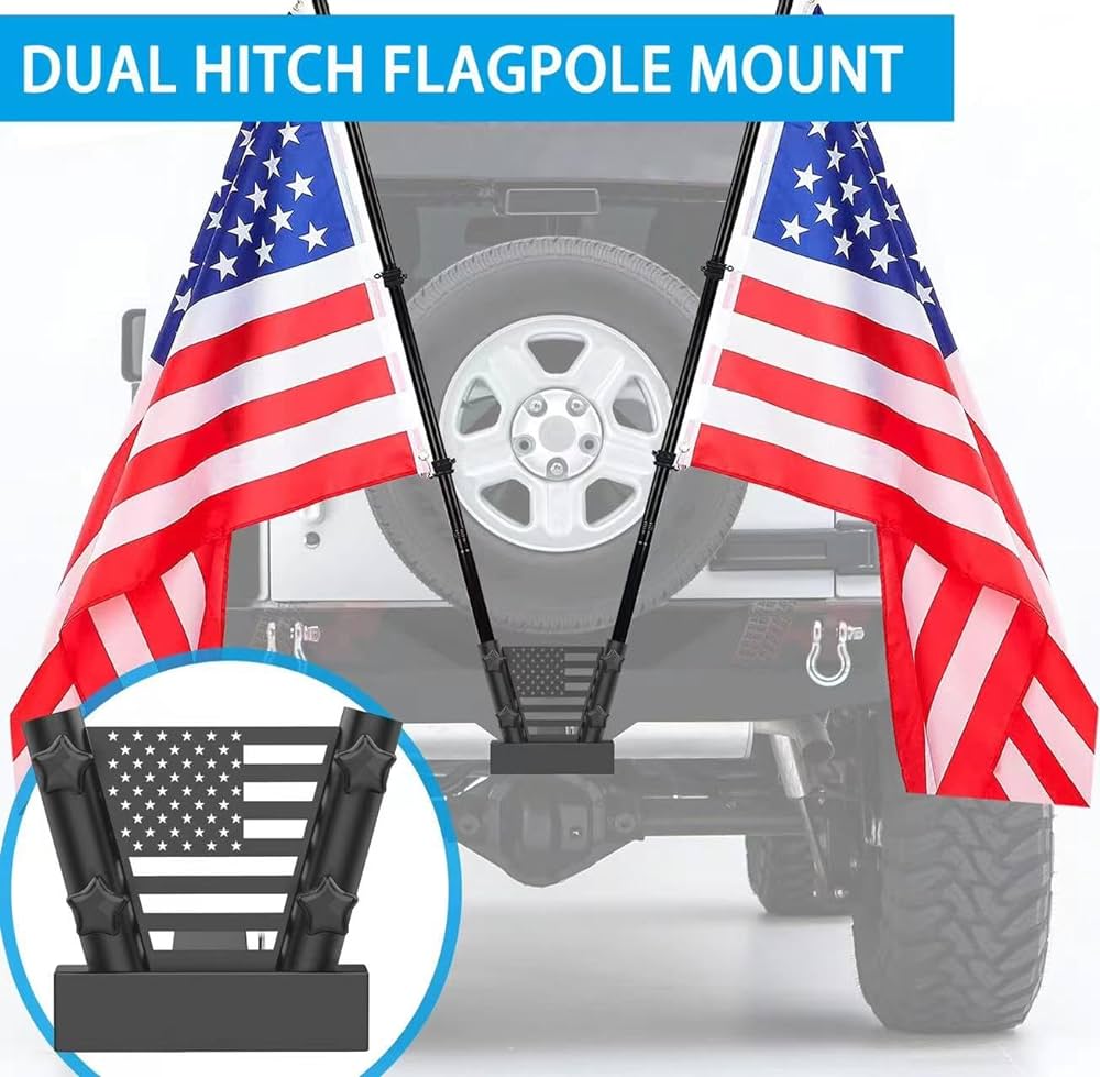 Dual Flag Pole Holder Hitch Mount Bracket for Truck Car 2" Trailer Receiver