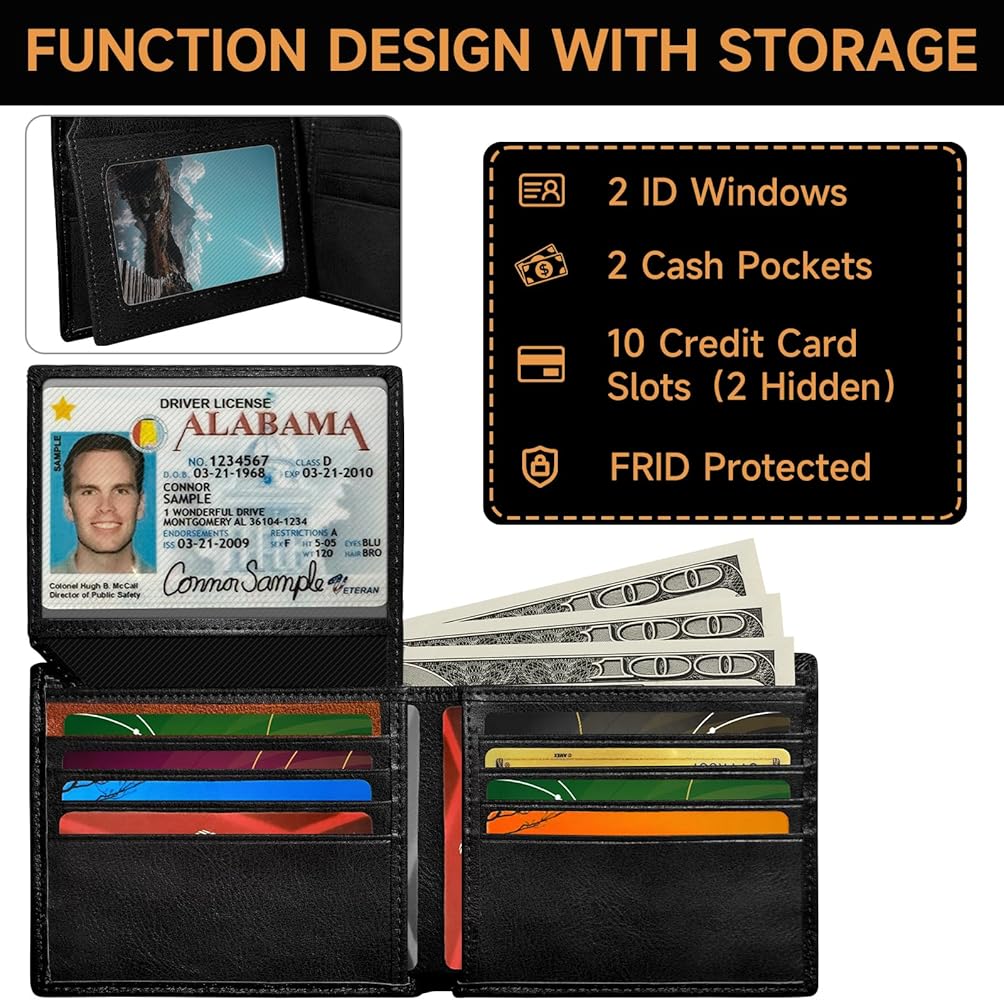 Men’s Genuine Leather Bifold Wallet, RFID Blocking, 10 Card Slot & 2 Flip Up Windows