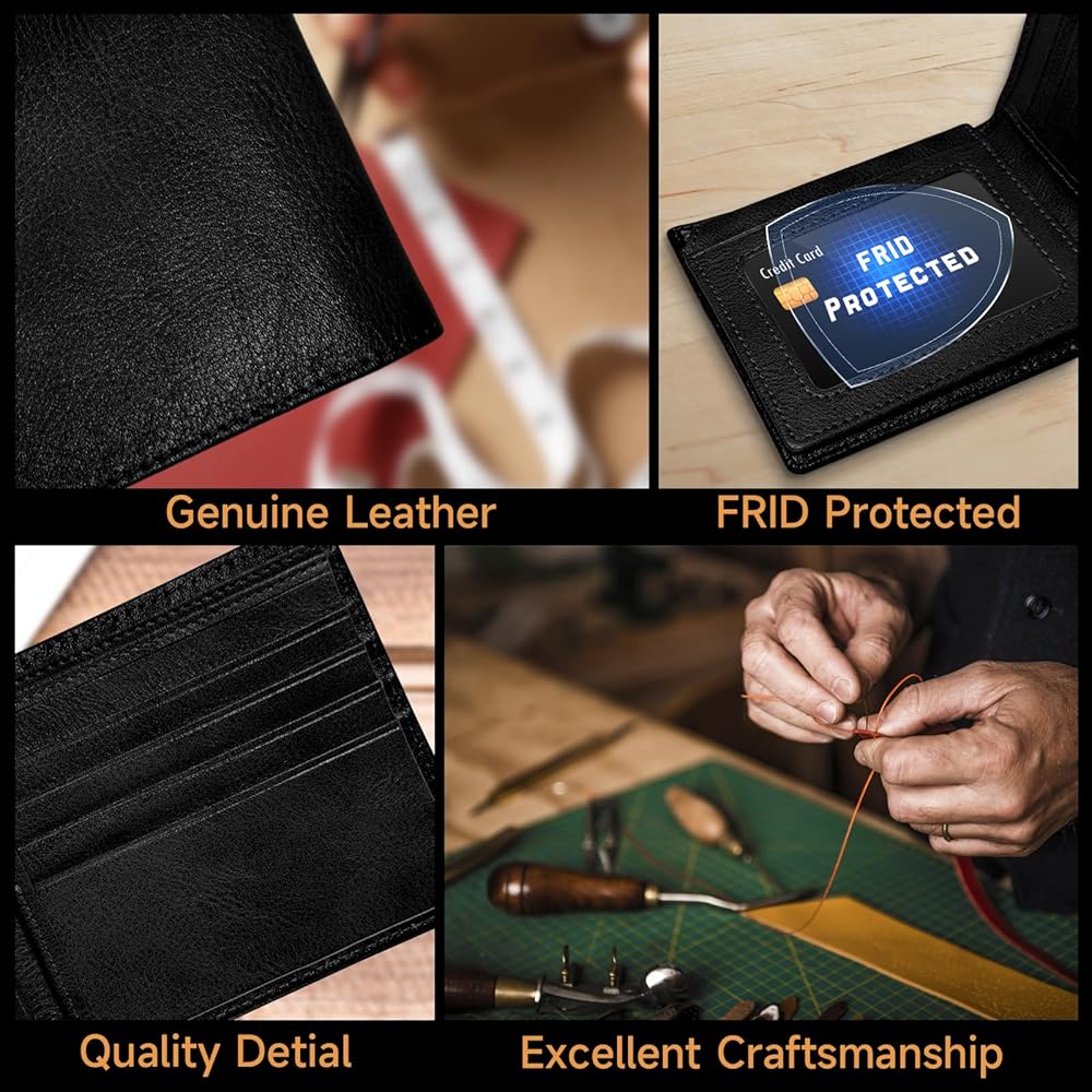 Men’s Genuine Leather Bifold Wallet, RFID Blocking, 10 Card Slot & 2 Flip Up Windows