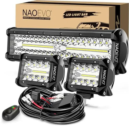 12" LED Light Bar 2PCS 4" LED Pod Combo Off Road Lights Waterproof, 6500K White